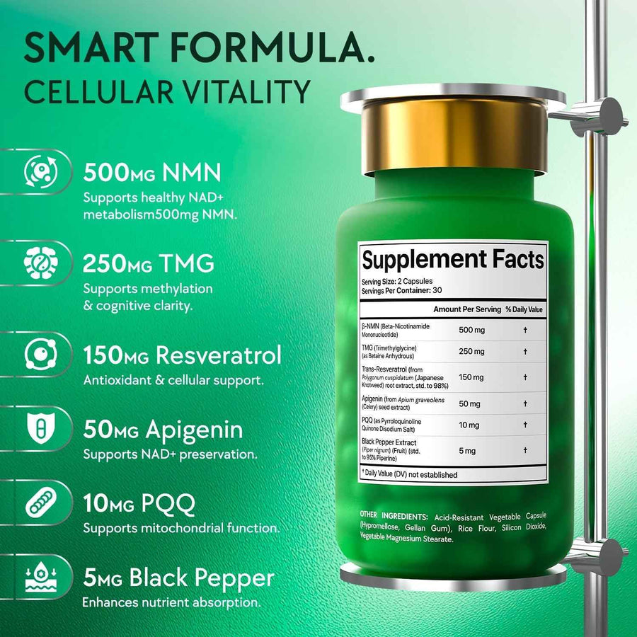 NMN Supplement 500mg with Resveratrol, TMG, Apigenin, PQQ